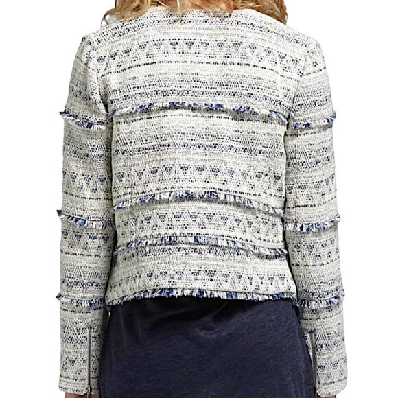 JOIE Tesita Fringed Woven Boucle Crop Zip Front Jacket Blue & Ivory - Picture 2 of 16